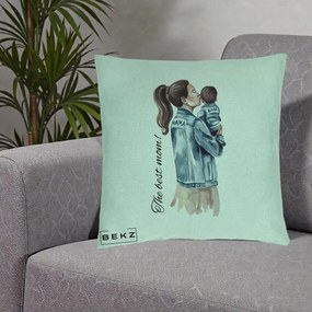 Cadou pentru Mama - Perna Personalizata The Best Mom Jachete, 40x40 cm, Verde Menta, Husa Detasabila, Perna Inclusa, BEKZ®