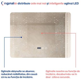 Oglindă LED Dreptunghiulară (80x60 cm), 3 Moduri Iluminare (Lumină Rece, Naturală, Caldă), Intensitate Reglabilă, Funcție Dezaburire, Ceas (Timer) și Termometru, Control Tactil (Touch)