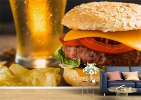 Tapet Premium Canvas - Burger cu chipsuri si pahar de bere