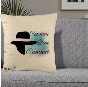 Cadou pentru Cumnat - Perna Personalizata Cel mai Bun Cumnat cu Silueta Palarie si Pete Teal-Roz, 40x40 cm, Bej, Husa Detasabila, Perna Inclusa, BEKZ®