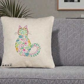 Perna Decorativa Pisica Florala Acuarela, 40x40 cm, Bej Canapea, Husa Detasabila, Perna Inclusa, BEKZ®
