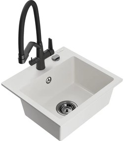 Mexen Milo chiuvetă de granit cu 1 compartiment și baterie de bucătărie Duo, Albă - 6505-20-671701-70-B