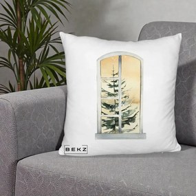 Perna Decorativa Fereastra cu Brad de Iarna, 40x40 cm, Alb Pufos, Husa Detasabila, Perna Inclusa, BEKZ®