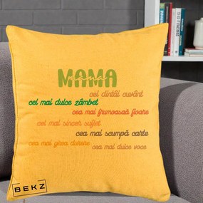Cadou pentru Mama - Perna Personalizata Mama Cel Dintai Cuvant cu Text Colorat Multicolor, 40x40 cm, Galben, Husa Detasabila, Perna Inclusa, BEKZ®