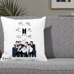 Perna Personalizata K-pop BTS Autografe Toti Membrii cu Fotografie, 40x40 cm, Alba Mata, Husa Detasabila, Perna Inclusa, BEKZ®