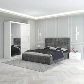 Set Mobila De Dormitor Eric Gri, pat tapitat 160x200cm,  dulap cu oglinda 150x210cm, noptiere