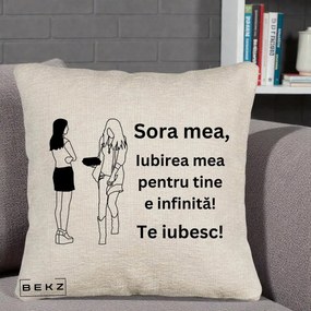 Cadou pentru Sora - Perna Personalizata Sora Mea Te Iubesc Fete Elegante cu Cadou, 40x40 cm, Bej Canapea, Husa Detasabila, Perna Inclusa, BEKZ®