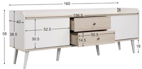 Comodă TV cu 2 sertare, uși glisante cu dungi și picioare stabile din lemn, 160x40x58 cm, Alb