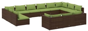 Set mobilier de gradina cu perne, 13 piese, maro, poliratan maro si verde, 4x colt + 9x mijloc, 1