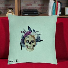 Perna Decorativa Craniu Floral cu Trandafiri si Ciuperci, 40x40 cm, Verde Menta, Husa Detasabila, Perna Inclusa, BEKZ®