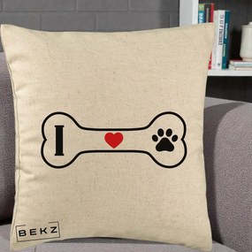 Perna Personalizata I Love Dog Os si Labuta, 40x40 cm, Bej, Husa Detasabila, Perna Inclusa, BEKZ®