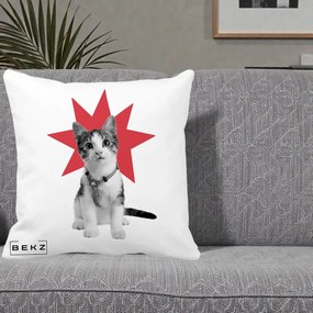 Perna Decorativa Pisica Star Pop Art, 40x40 cm, Alba Mata, Husa Detasabila, Perna Inclusa, BEKZ®