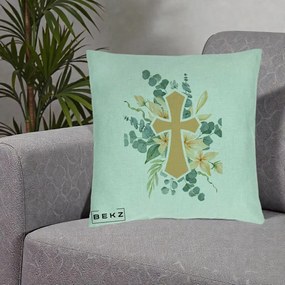 Perna Personalizata Cruce Florala Botez, 40x40 cm, Verde Menta, Husa Detasabila, Perna Inclusa, BEKZ®