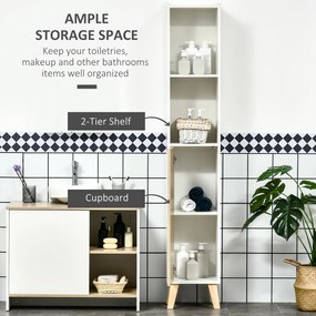 Kleankin Coloană de Baie, Mobilier Modern cu Design Elegant, 31x30x177 cm, Combinație Alb și Lemn Natural | Aosom Romania