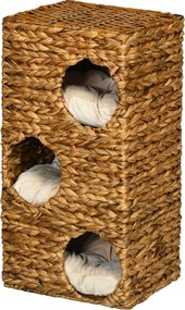 PawHut Copac pentru pisici cu turn de zgâriat, 3 etaje, perne căptușite, deschideri pentru ușă, hiacint de apă, maro deschis | Aosom Romania