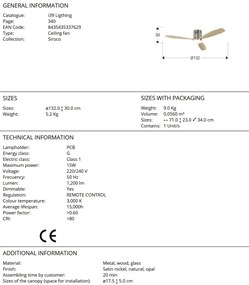 Lustra LED cu Ventilator si telecomanda Siroco D-132cm nichel/lemn