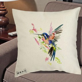 Perna Decorativa Colibri Acuarela, 40x40 cm, Ecru, Husa Detasabila, Perna Inclusa, BEKZ®