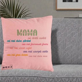 Cadou pentru Mama - Perna Personalizata Mama Cel Dintai Cuvant cu Text Colorat Multicolor, 40x40 cm, Roz, Husa Detasabila, Perna Inclusa, BEKZ®