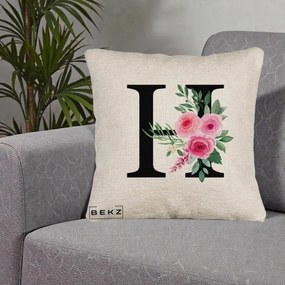 Cadou Personalizat - Perna Personalizata Monograma Florala Litera H cu Trandafiri Roz, 40x40 cm, Bej Canapea, Husa Detasabila, Perna Inclusa, BEKZ®