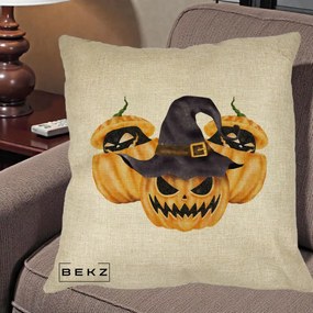 Perna Decorativa Trio Dovleci Jack-o-Lantern cu Palarie Vrajitoare, 40x40 cm, Crem, Husa Detasabila, Perna Inclusa, BEKZ®