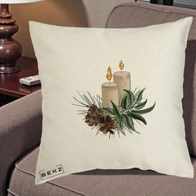Perna Decorativa Lumanari cu Ilex si Conuri Ilustratie, 40x40 cm, Ecru, Husa Detasabila, Perna Inclusa, BEKZ®