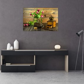 Tablou - lalele, râșniță și cafea (90x60 cm)