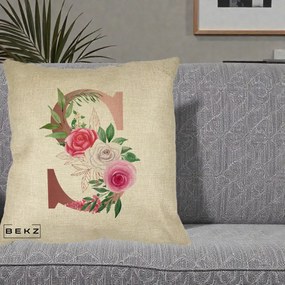 Cadou Personalizat - Perna Personalizata Monograma Rose Gold Litera S, 40x40 cm, Crem, Husa Detasabila, Perna Inclusa, BEKZ®