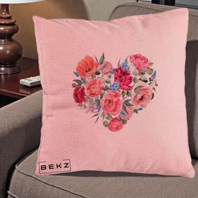 Perna Decorativa Inima din Bujori Acuarela, 40x40 cm, Roz, Husa Detasabila, Perna Inclusa, BEKZ®