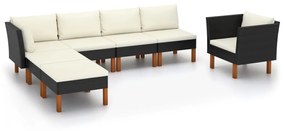 Set mobilier gradina 7 piese negru poliratan lemn eucalipt Negru, Canapea de colt + 3x canapea de mijloc + fotoliu + suport pentru picioare, 1