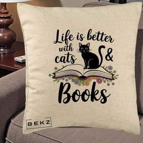 Perna Personalizata Life is Better Cats and Books, 40x40 cm, Bej, Husa Detasabila, Perna Inclusa, BEKZ®