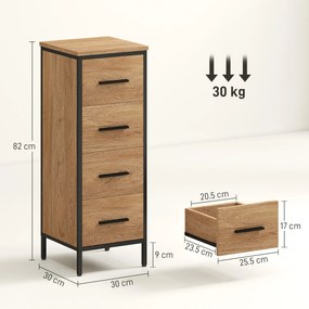 HOMCOM Mobilier de baie îngust cu 4 sertare și structură din oțel, 30 x 30 x 82 cm, stejar | Aosom Romania