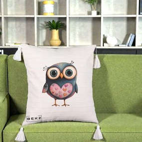 Perna Decorativa Bufnita cu Inimioare Roz, 40x40 cm, Bej cu Franjuri, Husa Detasabila, Perna Inclusa, BEKZ®