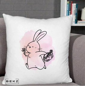 Perna Decorativa Iepuras Kawaii cu Cosulet Floral, 40x40 cm, Alb Pufos, Husa Detasabila, Perna Inclusa, BEKZ®