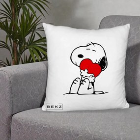 Perna Personalizata Snoopy cu Inima, 40x40 cm, Alb Pufos, Husa Detasabila, Perna Inclusa, BEKZ®