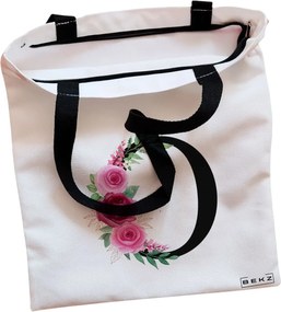 Sacosa de Panza pentru Cumparaturi, Geanta Tote, Cu litera O si Trandafiri, Cu fermoar, 38x34.5 cm, Alba, BEKZ®