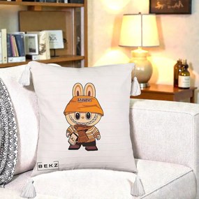 Perna Personalizata Labubu Streetwear Portocaliu, 40x40 cm, Bej cu Franjuri, Husa Detasabila, Perna Inclusa, BEKZ®