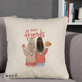 Cadou pentru Prieteni - Perna Personalizata Best Friends Toamna, 40x40 cm, Bej Canapea, Husa Detasabila, Perna Inclusa, BEKZ®