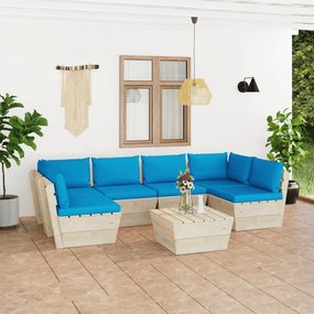 Set mobilier gradina din paleti, 7 piese, cu perne, lemn molid Albastru deschis, 2x colt + 4x mijloc + masa, 1