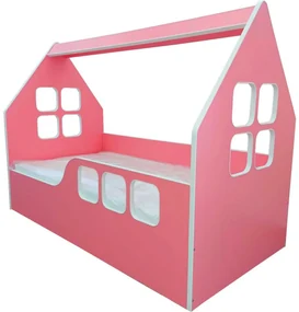 Pat tip casuta pentru copii NOVOKIDS™ Magic Pink House, 160x80 CM, Pal 18 mm, Margini anti-lovire, Protectie Laterala cu montare universala, Roz