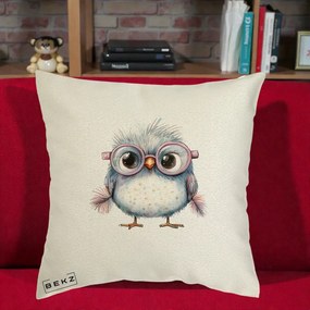 Perna Decorativa Pui Pufos cu Ochelari Roz, 40x40 cm, Ecru, Husa Detasabila, Perna Inclusa, BEKZ®
