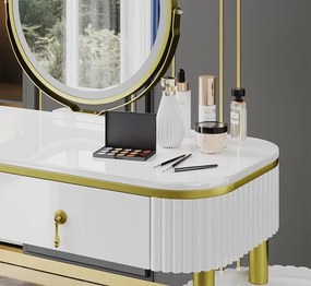 SEA422 - Set Masa toaleta, 100 cm, cosmetica machiaj, oglinda cu LED, masuta vanity - Alb-Auriu