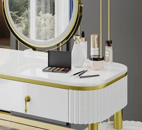 SEA422 - Set Masa toaleta, 100 cm, cosmetica machiaj, oglinda cu LED, masuta vanity - Alb-Auriu