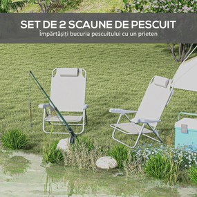 Outsunny Set 2 Scaune de Camping Pliabile cu Tetieră Căptușită și Spătar Reglabil în 6 Poziții, 62x65x80 cm, Gri Deschis | Aosom Romania