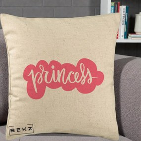 Perna Decorativa Princess Text Roz, 40x40 cm, Bej, Husa Detasabila, Perna Inclusa, BEKZ®