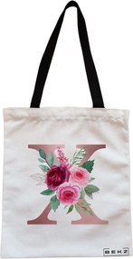Sacosa de Panza pentru Cumparaturi, Geanta Tote, Cu litera X Rose Gold si Trandafiri, Cu fermoar, 38x34.5 cm, Alba, BEKZ®