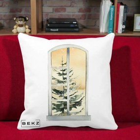 Perna Decorativa Fereastra cu Brad de Iarna, 40x40 cm, Alba Mata, Husa Detasabila, Perna Inclusa, BEKZ®