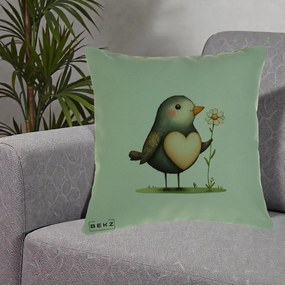 Perna Decorativa Pasare cu Inima si Margareta, 40x40 cm, Verde, Husa Detasabila, Perna Inclusa, BEKZ®