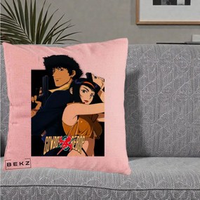 Perna Personalizata Cowboy Bebop Spike si Faye Poster, 40x40 cm, Roz, Husa Detasabila, Perna Inclusa, BEKZ®