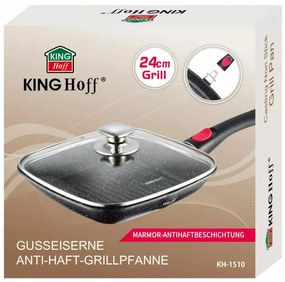 Tigaie Grill cu capac si maner detasabil Kinghoff KH 1510, 24 cm, Acoperire Marmura, Inductie, Negru