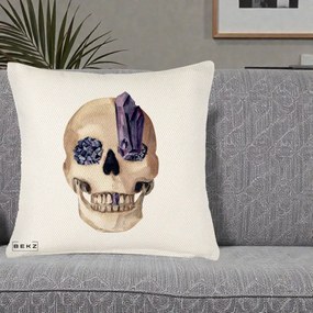 Perna Decorativa Craniu cu Cristale de Ametist, 40x40 cm, Crem Reliefat, Husa Detasabila, Perna Inclusa, BEKZ®